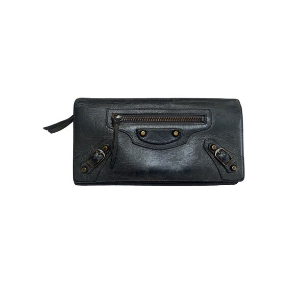 Balenciaga Black Leather Continental Wallet With Zippered Pocket & Snap Closure - Picture 1 of 13